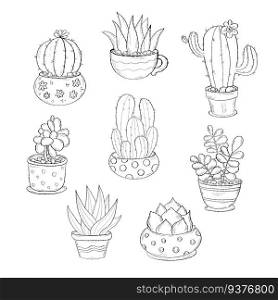 Collection outline tropical houseplant cactus flowerpots. Vector illustration. Isolated linear hand drawings indoor plants in pots for design and decor
