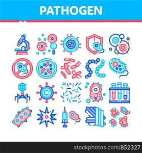 Collection Pathogen Elements Vector Sign Icons Set. Pathogen Bacteria Microorganism, Microbes And Germs Linear Pictograms. Analysis In Flask, Microscope And Injection Color Contour Illustrations. Collection Pathogen Elements Vector Sign Icons Set