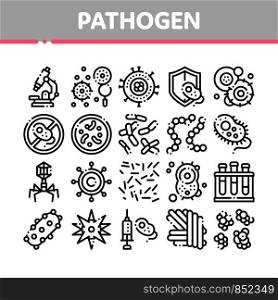 Collection Pathogen Elements Vector Sign Icons Set. Pathogen Bacteria Microorganism, Microbes And Germs Linear Pictograms. Analysis In Flask, Microscope And Injection Black Contour Illustrations. Collection Pathogen Elements Vector Sign Icons Set