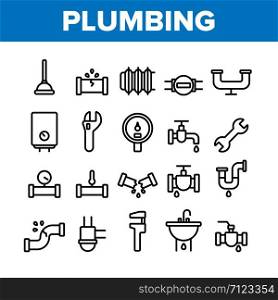 Collection Plumbing Fixtures Vector Icons Set Thin Line. Faucet And Mixer, Valve And Sink, Pipe Tube And Tools Plumbing Fixtures Concept Linear Pictograms. Monochrome Contour Illustrations. Collection Plumbing Fixtures Vector Icons Set