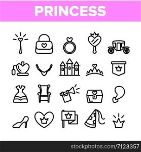 Collection Princess Elements Vector Icons Set Thin Line. Magic Castle And Princess Crown, Coach And Perfume Bottle, Ring And Mirror Concept Linear Pictograms. Monochrome Contour Illustrations. Collection Princess Elements Vector Icons Set