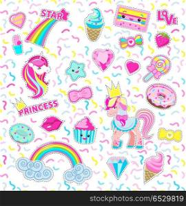 Collection Princess Icons. Rainbow. Star. Sweet. Vector cut-out illustration for little princess. Rainbow, unicorn, cakes, ice-cream, lollipop, diamant, star, cassette in magic flat style design. For girls, postcards, decorations Stickers isolated