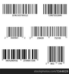 Collection product codes isolated on white backgrounds. Barcodes for scan in store, supermarket, distribution. Unique sticker on goods for control, tracking. Scanner technology identification. Vector.. Collection product codes isolated on white backgrounds. Barcodes for scan in store, supermarket, distribution. Unique sticker on goods for control, tracking. Scanner technology identification. Vector