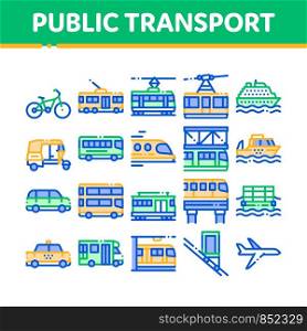 Collection Public Transport Vector Line Icons Set. Trolleybus And Bus, Tramway And Train, Cable Way And Monorail Transport Linear Pictograms. Car And Taxi, Plane And Ship Color Contour Illustrations. Collection Public Transport Vector Line Icons Set