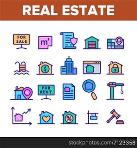 Collection Real Estate Elements Vector Icons Set Thin Line. Building And House, Map And Plan, Garage And Swimming Pool Real Estate Concept Linear Pictograms. Monochrome Contour Illustrations. Collection Real Estate Elements Vector Icons Set