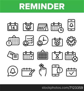 Collection Reminder Elements Vector Icons Set Thin Line. Reminder, Goal And Date On Calendar, Bell On Smartphone Display Concept Linear Pictograms. Time Management Monochrome Contour Illustrations. Collection Reminder Elements Vector Icons Set