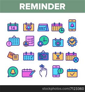 Collection Reminder Elements Vector Icons Set Thin Line. Reminder, Goal And Date On Calendar, Bell On Smartphone Display Concept Linear Pictograms. Time Management Monochrome Contour Illustrations. Collection Reminder Elements Vector Icons Set