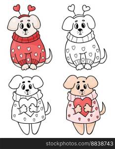 Collection romantic cute dogs with hearts. Vector illustration. Outline and color drawing for kids collection, coloring book, design, decor, Valentines cards, print