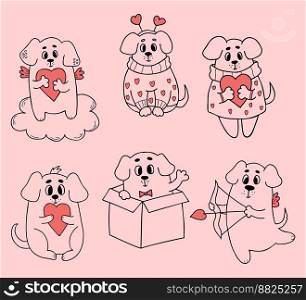 Collection romantic dogs. Cute pets with hearts. Vector illustration in doodle style. Isolated linear hand drawn puppies in love for design and decor of valentines, love postcards, printing