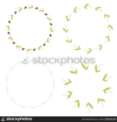 collection Round frames with May lilies of the valley with leaves and ladybugs. Vector illustration. Spring card, decoration, napkin for design, postcards, decor and decoration, print