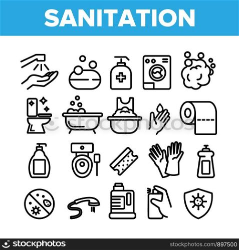 Collection Sanitation Elements Icons Set Vector Thin Line. Washing Hand And Clean, Soap Protection And Bacteria Hygiene And Sanitation Linear Pictograms. Monochrome Contour Illustrations. Collection Sanitation Elements Icons Set Vector