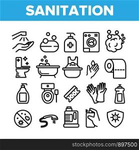 Collection Sanitation Elements Icons Set Vector Thin Line. Washing Hand And Clean, Soap Protection And Bacteria Hygiene And Sanitation Linear Pictograms. Monochrome Contour Illustrations. Collection Sanitation Elements Icons Set Vector