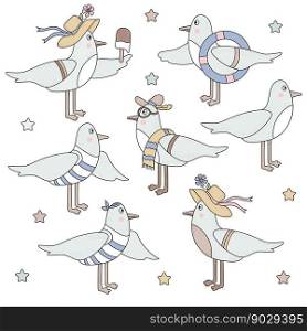 Collection sea birds - seagulls. Cute bird characters boy with sea lifebuoy and girl with ice cream. Vector illustration