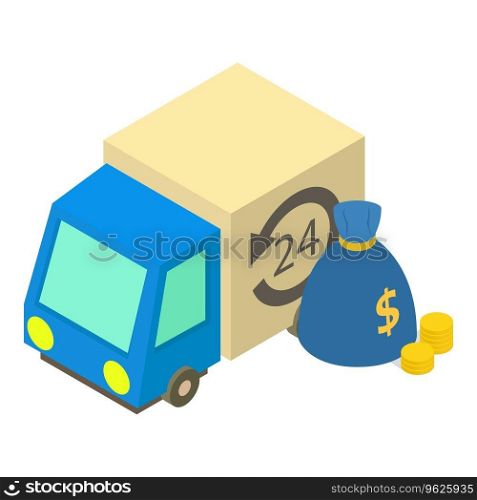 Collection service icon isometric vector. Money bag near cash collection vehicle. Cash, financial concept. Collection service icon isometric vector. Money bag near cash collection vehicle