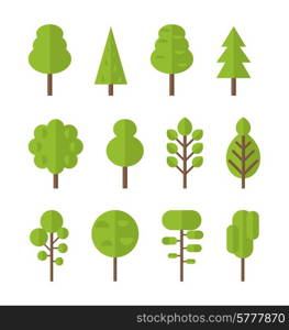 Collection set flat icons tree, pine, oak, spruce, fir, garden bush isolated on white - vector