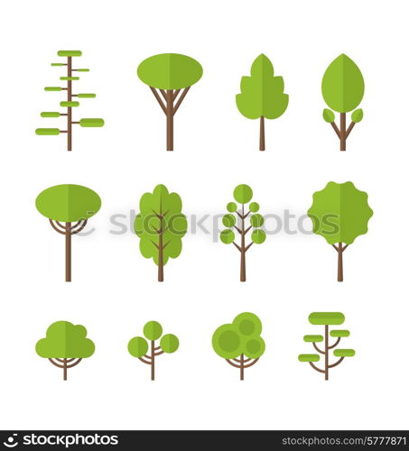 Collection set flat icons tree, pine, oak, spruce, fir, garden bush isolated on white - vector