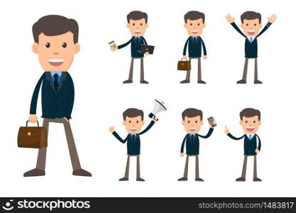 Collection set of Business man showing different gestures character vector design illustration.