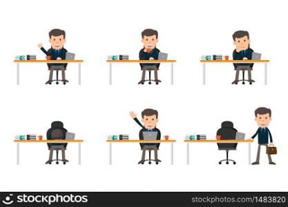 Collection set of Business man showing different gestures character vector design illustration.