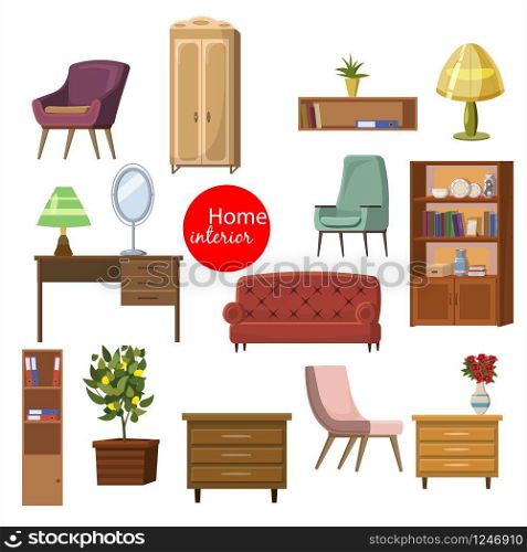 Collection set of elements. designer trendy furniture. table chair sofa lamp mirror plant armchair. modern and retro. Vector, cartoon style. Collection set of elements. designer trendy furniture. table chair sofa lamp mirror plant armchair. modern and retro. Vector, cartoon style, isolated
