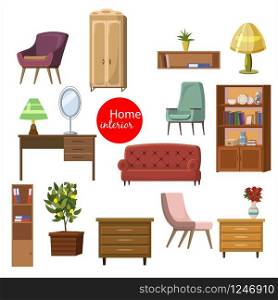 Collection set of elements. designer trendy furniture. table chair sofa lamp mirror plant armchair. modern and retro. Vector, cartoon style. Collection set of elements. designer trendy furniture. table chair sofa lamp mirror plant armchair. modern and retro. Vector, cartoon style, isolated