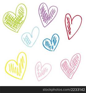 Collection set of hand drawn colorfull doodle scribble hearts isolated on white background. Elements for Valentines day. Collection set of hand drawn colorfull doodle scribble hearts isolated on white background