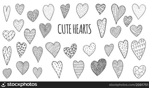 Collection set of hand drawn cute hearts isolated on white background.Doodles style. Collection set of hand drawn cute hearts isolated on white background