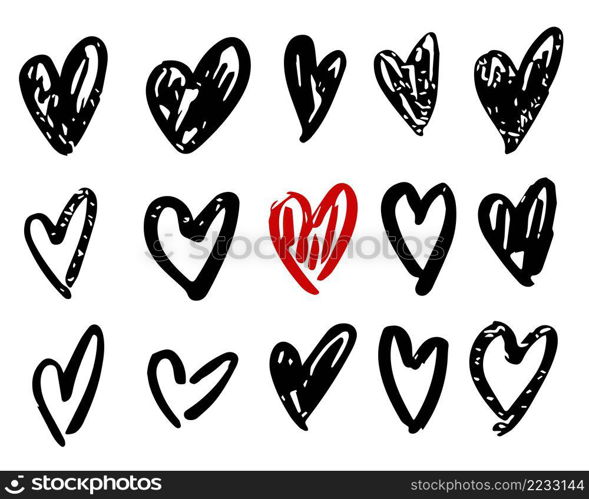 Collection set of hand drawn doodle scribble hearts isolated on white background. Elements for Valentines day. Collection set of hand drawn doodle scribble hearts isolated on white background