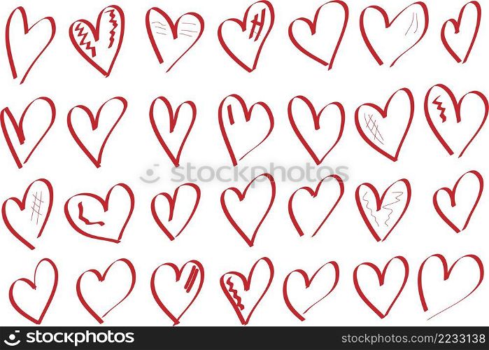 Collection set of hand drawn red doodle scribble hearts isolated on white background. Elements for Valentines day. Collection set of hand drawn red doodle scribble hearts isolated on white background