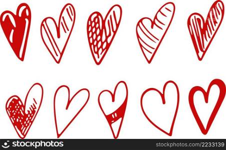 Collection set of hand drawn red doodle scribble hearts isolated on white background. Elements for Valentines day. Collection set of hand drawn red doodle scribble hearts isolated on white background