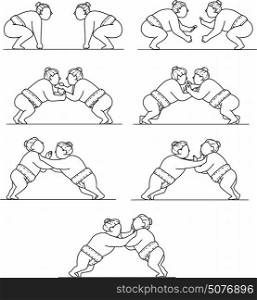 Collection set of illustrations of a Japanese rikishi or wrestler, engaging in a match bout of Sumo or sumo wrestling, competitive full-contact wrestling sport viewed in different movements done in mono line style.