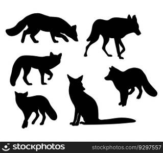 Collection silhouettes wild forest animals fox and wolf. Vector illustration. Isolated hand drawings predators on white background for design