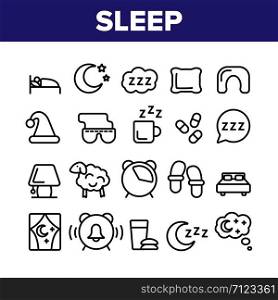 Collection Sleep Time Elements Vector Icons Set Thin Line. Bed And Lamp, Slippers And Clock With Alarm Signal, Drink Cup And Pills Concept Linear Pictograms. Monochrome Contour Illustrations. Collection Sleep Time Elements Vector Icons Set