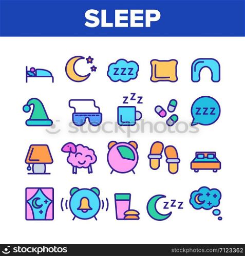 Collection Sleep Time Elements Vector Icons Set Thin Line. Bed And Lamp, Slippers And Clock With Alarm Signal, Drink Cup And Pills Concept Linear Pictograms. Monochrome Contour Illustrations. Collection Sleep Time Elements Vector Icons Set