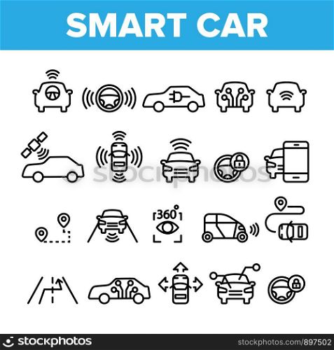 Collection Smart Car Elements Icons Set Vector Thin Line. Intelligence Control And Security, Network Navigation And Autopilot Smart Car Devices Linear Pictograms. Monochrome Contour Illustrations. Collection Smart Car Elements Icons Set Vector