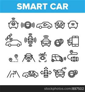 Collection Smart Car Elements Icons Set Vector Thin Line. Intelligence Control And Security, Network Navigation And Autopilot Smart Car Devices Linear Pictograms. Monochrome Contour Illustrations. Collection Smart Car Elements Icons Set Vector