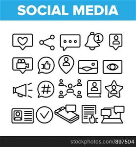 Collection Social Media Elements Icons Set Vector Thin Line. Internet Social Chat And Message In Smartphone, Web Site Details Like And Bell Mark Linear Pictograms. Monochrome Contour Illustrations. Collection Social Media Elements Icons Set Vector