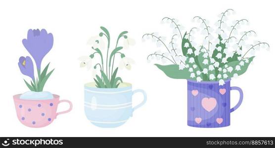 Collection spring flowers in cups. White snowdrop, May lily of the valley and purple crocus. Vector illustration in flat style. Spring time. Isolated first forest seasonal flowers