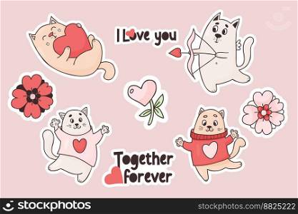 Collection stickers cats in love. Cute cupid kitten and happy pets with heart and flowers. Vector illustration. isolated romantic animals for design, decor, printing, greeting cards, valentines