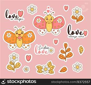 Collection stickers cute cartoon butterflies flowers, plants and cool phrase about love, Isolated Vector illustrations. funny character insects for romantic design and decor
