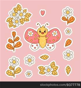 Collection stickers cute cartoon butterfly, flowers, daisies and branches with leaves. Isolated Vector illustrations. Funny character insects for kids collection, design and decor