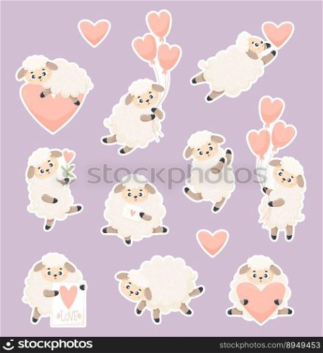 Collection stickers. Cute in love sheep with hearts, love letter and balloons. Vector illustration. Isolated cartoon romantic animals for kids collection, design, decor, holiday cards and valentines