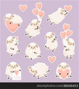 Collection stickers. Cute in love sheep with hearts, love letter and balloons. Vector illustration. Isolated cartoon romantic animals for kids collection, design, decor, holiday cards and valentines
