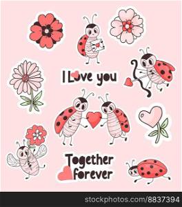 Collection stickers ladybug and love. Cute insect ladybird with flower and letter, couple in love with heart and cupid beetle with an arrow. Vector isolated drawings for design, valentine, print