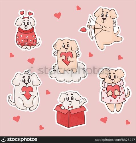 Collection stickers romantic dogs. Cute pets with heart, in box and funny winged cupid puppy. Vector illustration in color doodle style. Isolated funny animals for love romantic design, decor