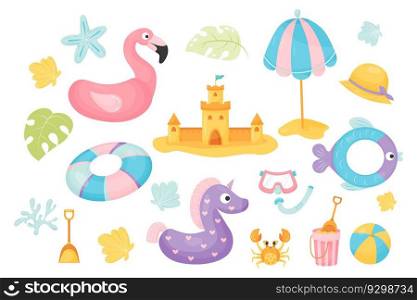 Collection summer sea holiday attributes. Beach rubber ring, funny rubber flamingo with unicorn, sand castle and parasol, straw hat, crab and shells. Vector illustration in flat cartoon style 