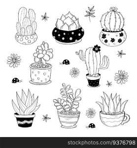 Collection tropical houseplant cactus doodle. Vector illustration. Isolated decorative hand drawings indoor plants flowerpots for design and decor