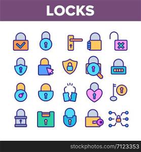 Collection Type Locks Elements Vector Icons Set Thin Line. Different Shape, Open And Closed Locks Concept Linear Pictograms. Key And Padlock In Heart Form Monochrome Contour Illustrations. Collection Type Locks Elements Vector Icons Set