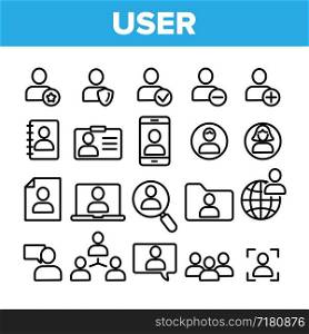 Collection User Sign Thin Line Icons Set Vector. Management, Human Resource, Business Person And User Linear Pictograms. Smartphone, Badge And Internet Account Profile Monochrome Contour Illustrations. Collection User Sign Thin Line Icons Set Vector