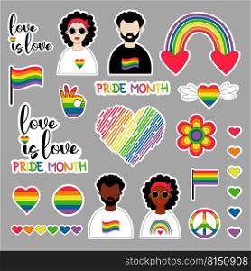 Collection vector sticker LGBTQ community symbols. LGBT Pride Month, Light and dark-skinned man gay and ethnic lesbian woman, pride flag, retro rainbow and love elements. Gay pride, groovy celebration