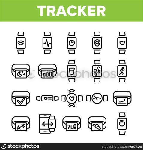 Collection Watch Tracker Elements Icons Set Vector Thin Line. Different Activity Fitness Tracker Electronic Device For Sportsman Linear Pictograms. Monochrome Contour Illustrations. Collection Watch Tracker Elements Icons Set Vector
